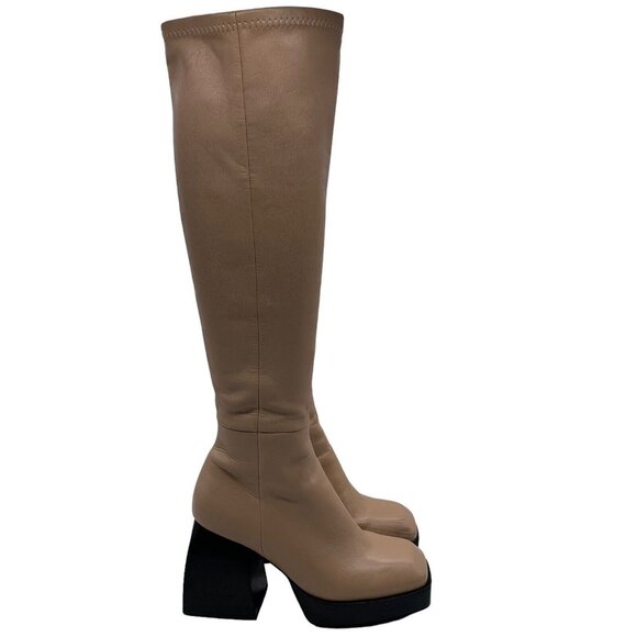 Jeffrey Campbell Knee High Boot Tan Sz 8 Dauphin Square Toe Platform Chunky - Picture 2 of 15